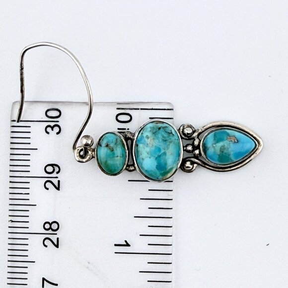 Vintage Sterling Silver Turquoise Dangle Earrings – Modernist 3-Stone Design - Picture 6 of 11